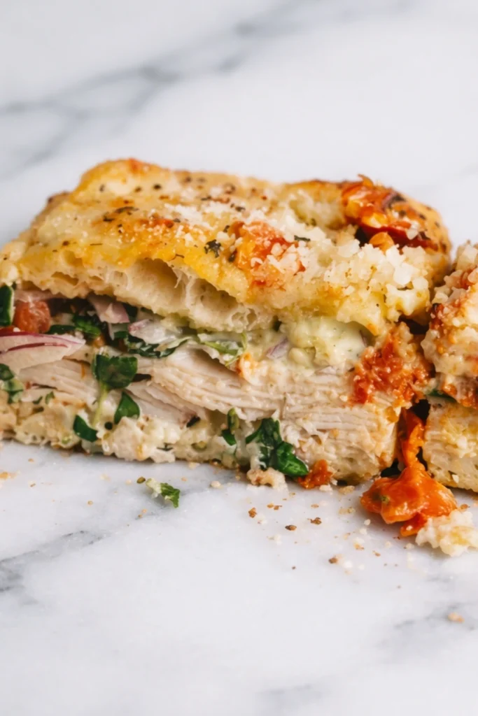 Close up focaccia turkey sandwich showing layered turkey pesto mayo greens and sun dried tomatoes inside toasted focaccia