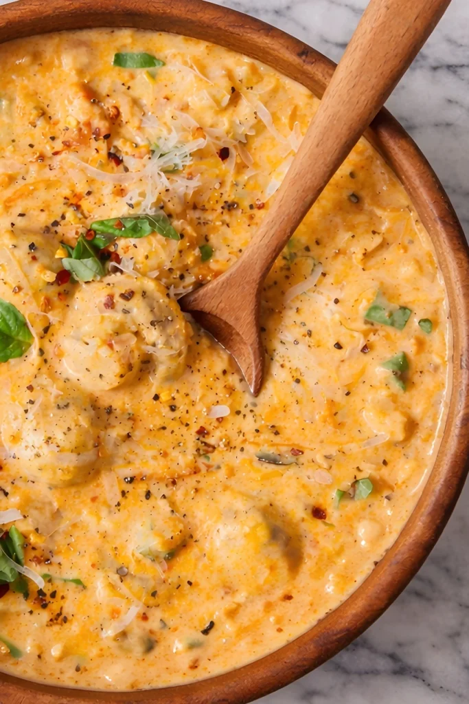 Creamy Tuscan Marry Me Mushrooms with garlic parmesan sauce, fresh basil, and red pepper flakes in a wooden bowl on a marble surface