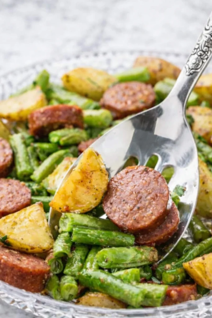 Sheet pan smoked sausage with crispy roasted potatoes and green beans