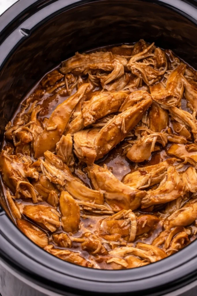 Crockpot teriyaki chicken cooking in a slow cooker with homemade teriyaki sauce