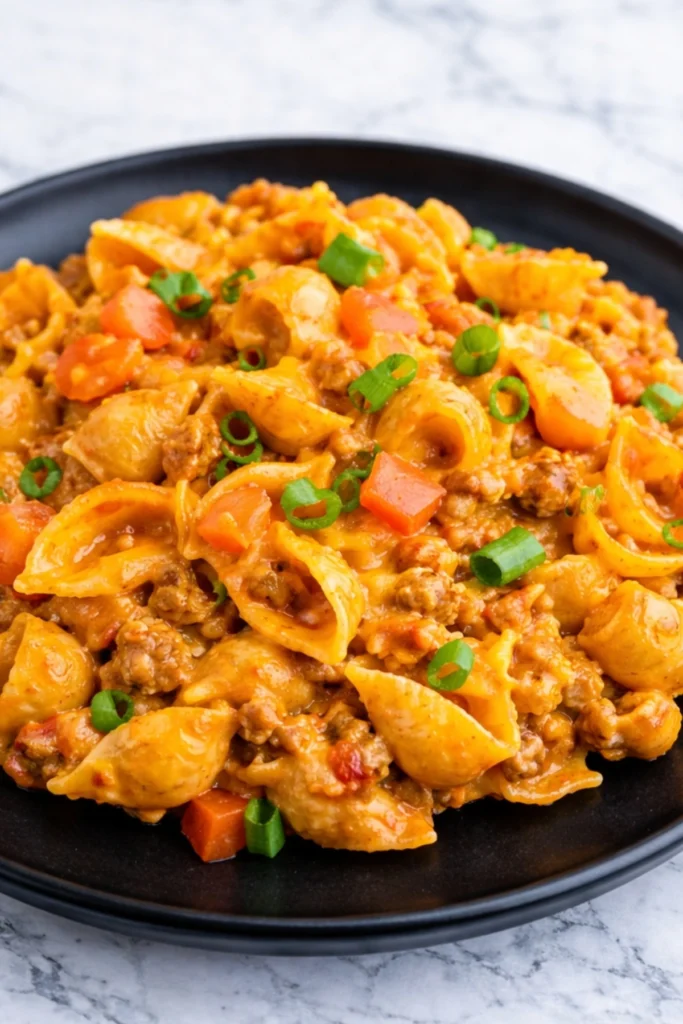 Close-up of taco macaroni and cheese with pasta shells, ground beef, cheddar cheese, and green onions served on a black plate
