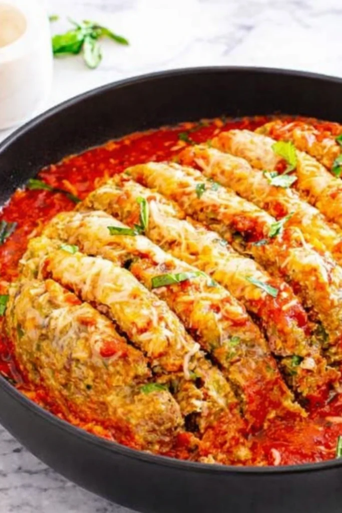 Italian meatloaf sliced and baked in marinara sauce with melted cheese