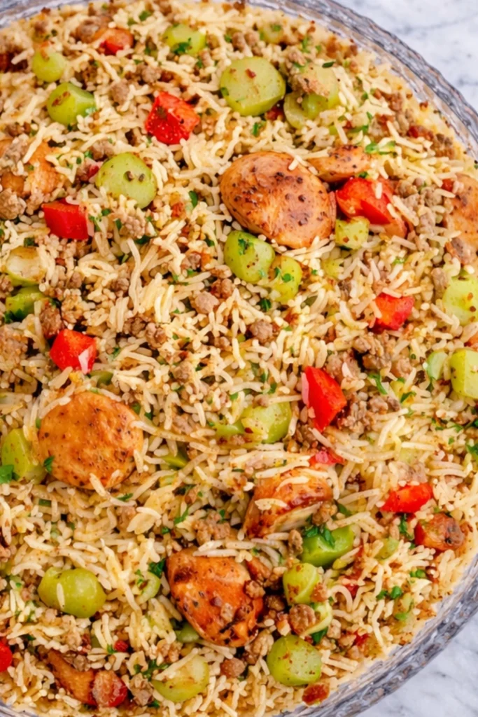 Overhead view of dirty rice with sausage, featuring fluffy long grain rice, sautéed sausage rounds, celery, red bell peppers, and Cajun-seasoned ground beef