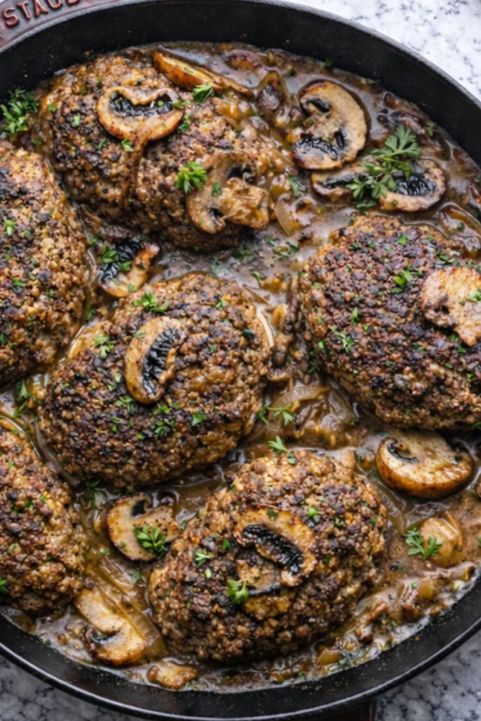 Old Fashioned Salisbury Steak patties simmered in mushroom onion gravy in a skillet