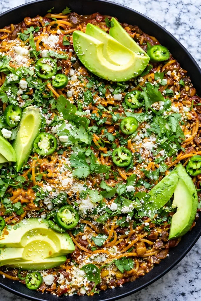 Mexican spaghetti topped with avocado slices, jalapeños, cilantro, and cotija cheese in a large black skillet