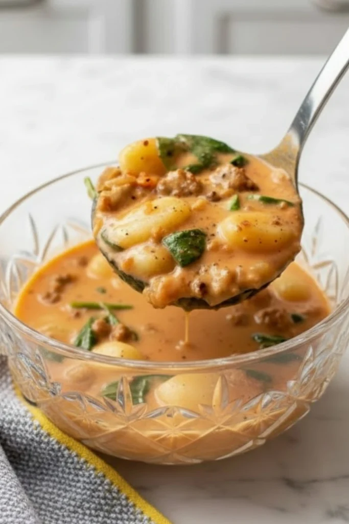 Ladle lifting creamy Italian sausage gnocchi soup with spinach, tender gnocchi, and sausage in a tomato cream broth over a glass bowl.