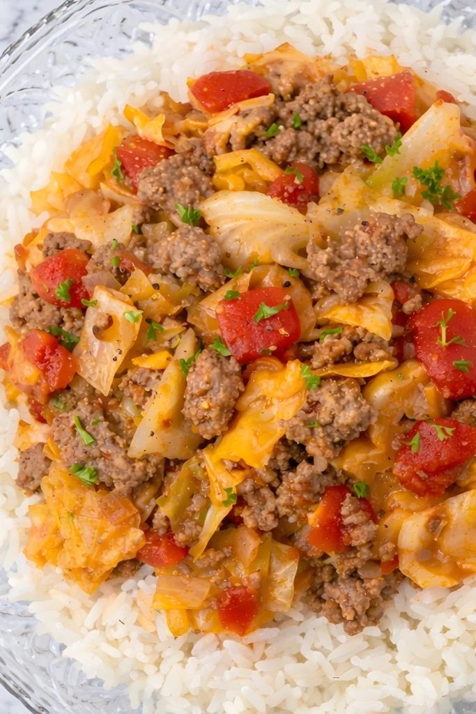Unstuffed cabbage rolls served over white rice with ground beef and tomatoes