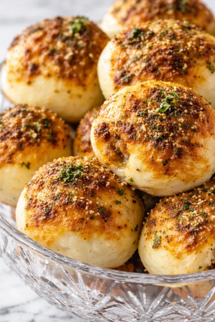 Garlic parmesan cheeseburger bombs in a glass bowl with golden, cheesy tops and a crisp garlic herb butter crust