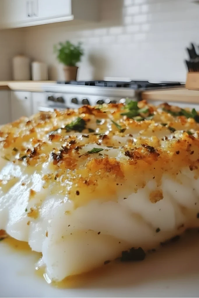 Close-up of golden Parmesan Crusted White Fish with crispy breadcrumb topping baked to perfection in a bright kitchen.
