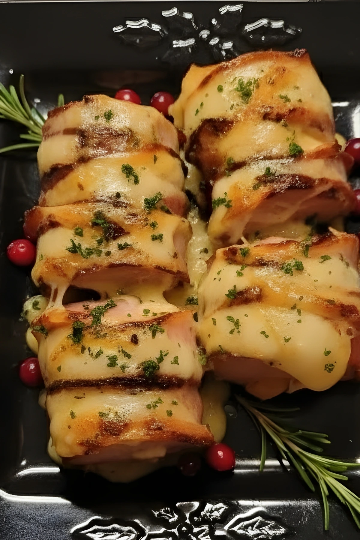 Cheesy Christmas Ham Roll-Ups with Melted Cheese and Fresh Herbs