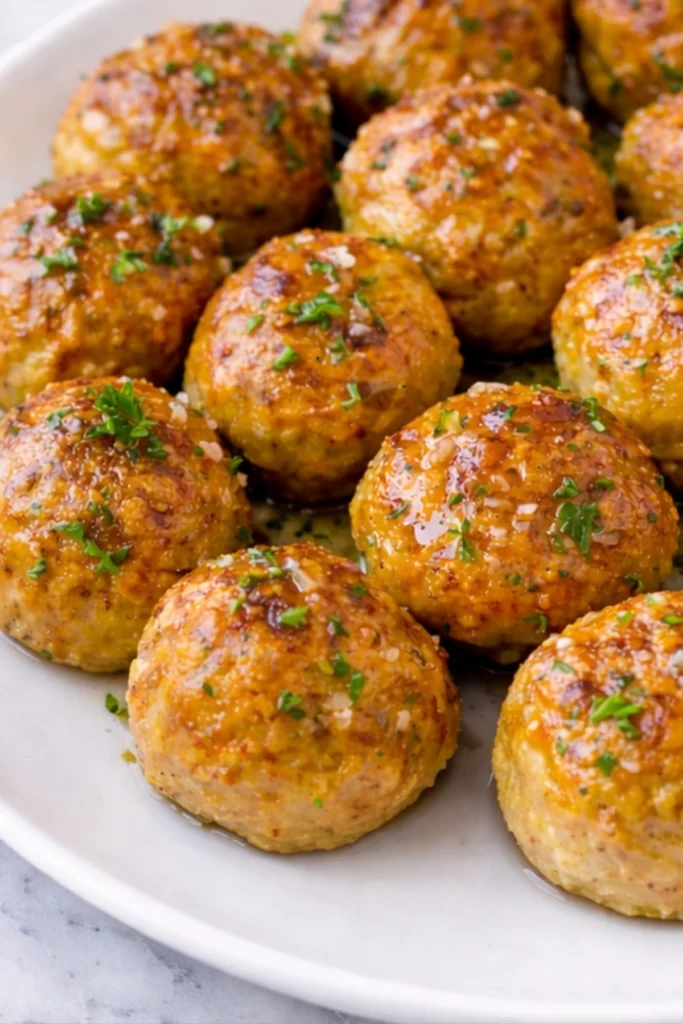 Golden baked chicken meatballs coated in garlic butter and fresh herbs on a white plate