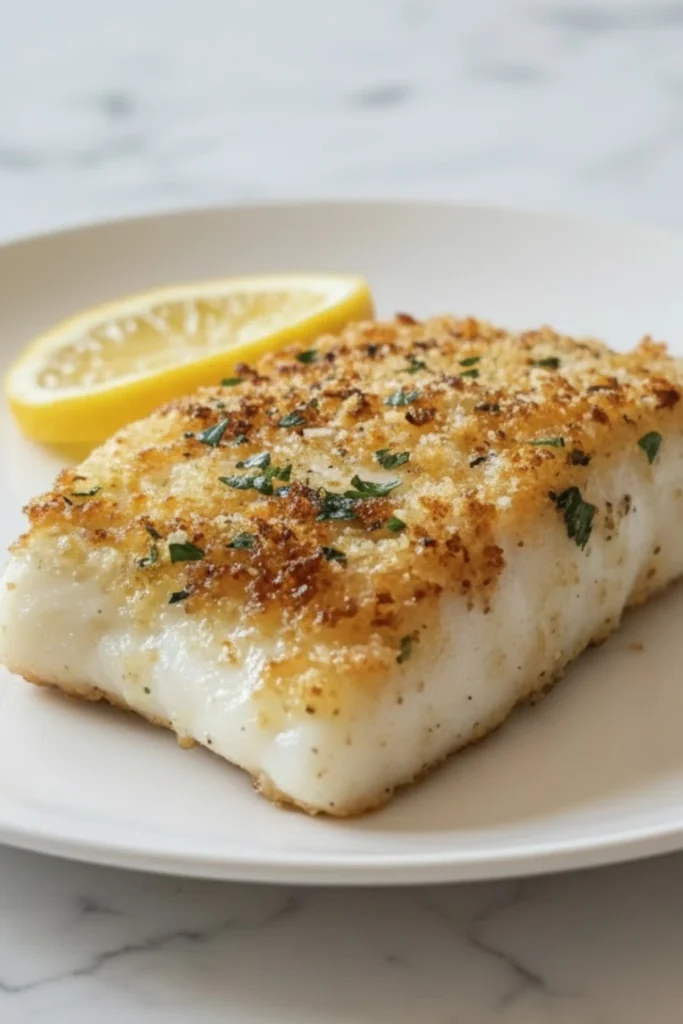 Golden Parmesan Crusted White Fish fillet with herbs and breadcrumbs served with a fresh lemon wedge on a white plate.