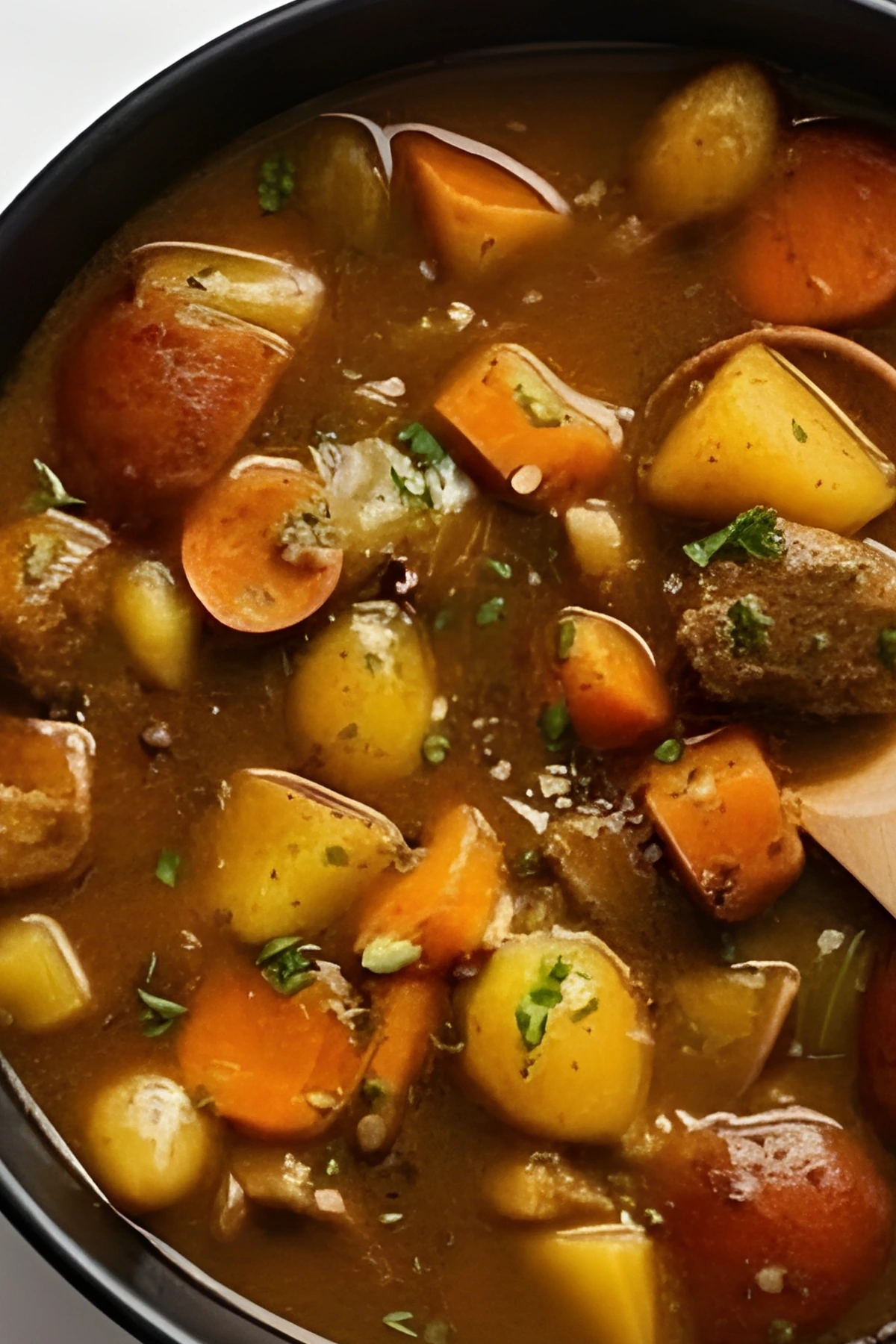 Old Fashioned Beef Stew with tender beef, carrots, potatoes, and savory broth.