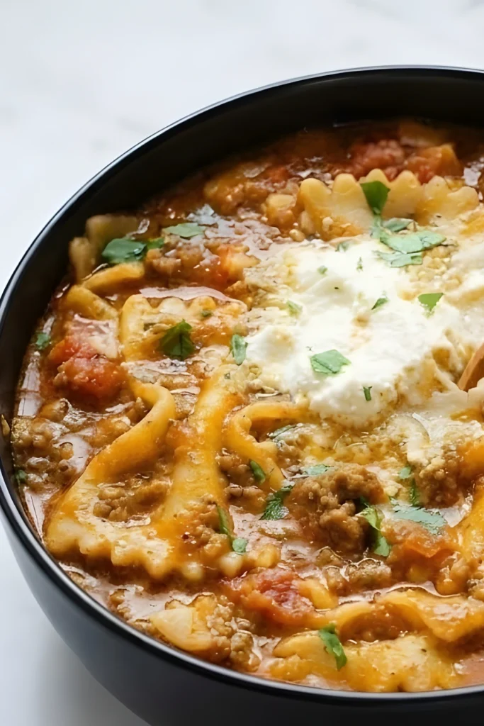 Delicious lasagna soup with ground beef, pasta, and creamy ricotta