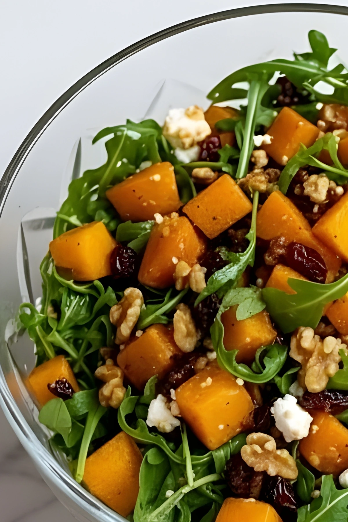 Close-up of Butternut Squash Feta Salad with Arugula and Walnuts