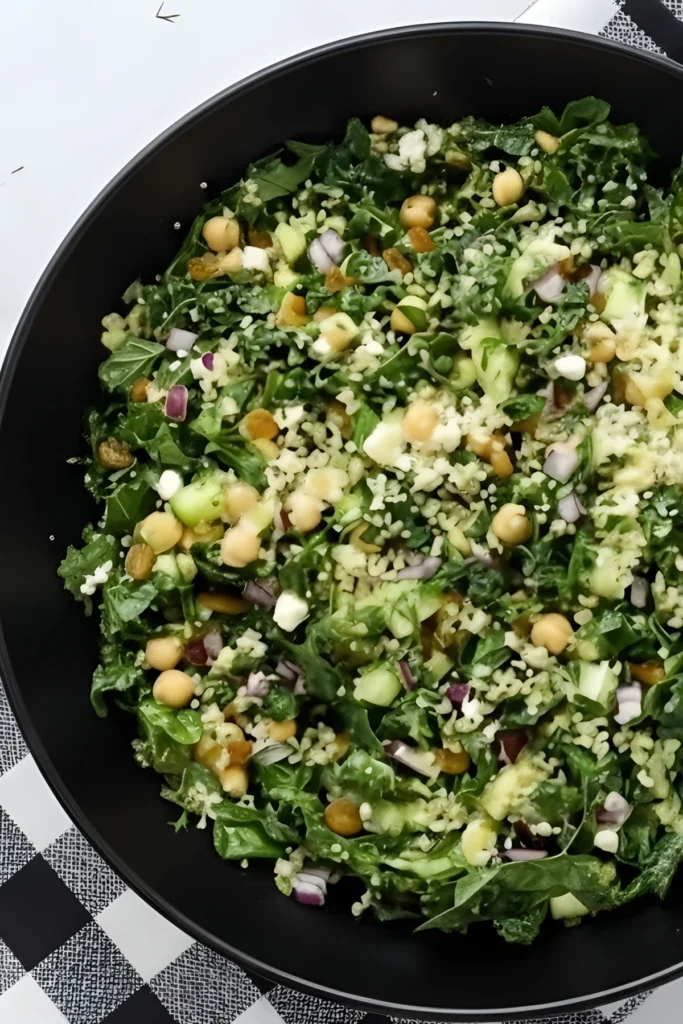 Healthy Kale Quinoa Salad with Chickpeas, Cucumbers, and Lemon Dressing