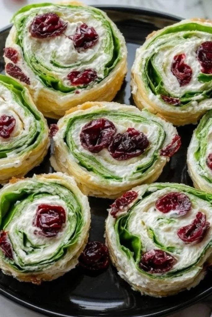 Christmas Cranberry Pinwheels Recipe with creamy cheese spinach and dried cranberries rolled in tortillas served on black plate festive holiday appetizer