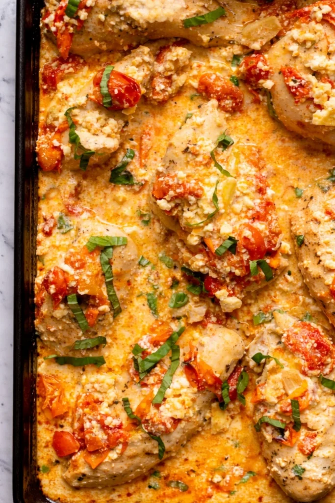 Baked feta chicken breasts with roasted tomatoes garlic and creamy feta sauce