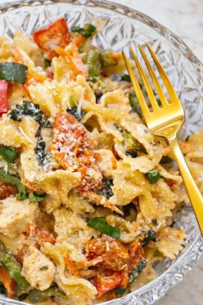 Chicken pasta primavera with bowtie pasta and vegetables in a glass bowl with golden fork