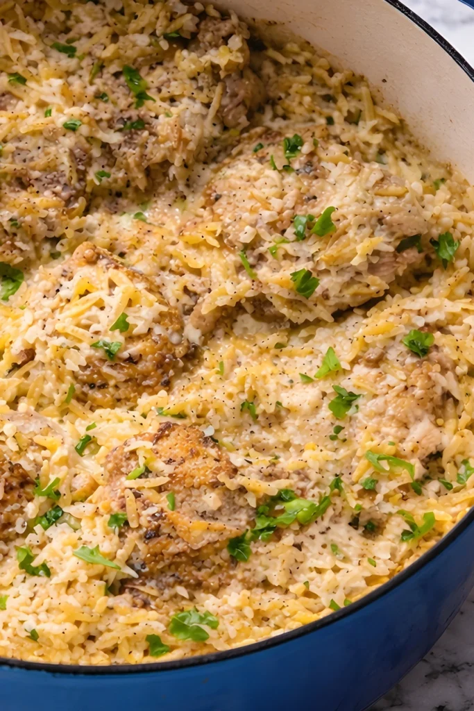 One pot lemon chicken orzo with creamy orzo pasta and tender chicken thighs garnished with fresh parsley