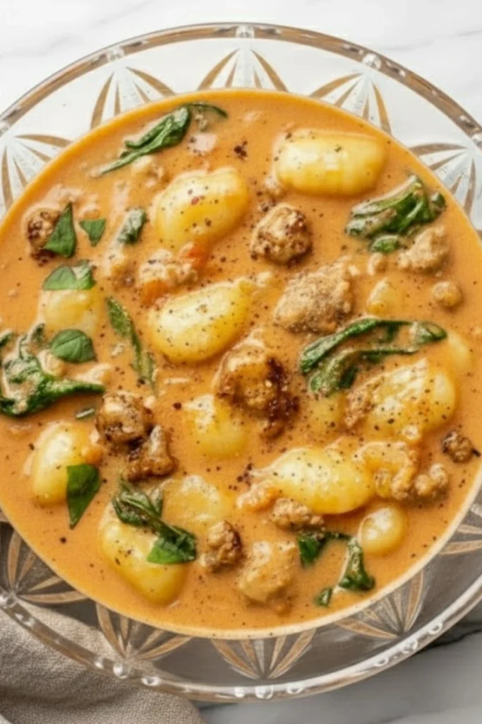Close-up bowl of creamy Italian sausage gnocchi soup with spinach and tender gnocchi in a rich tomato cream sauce on a marble background.