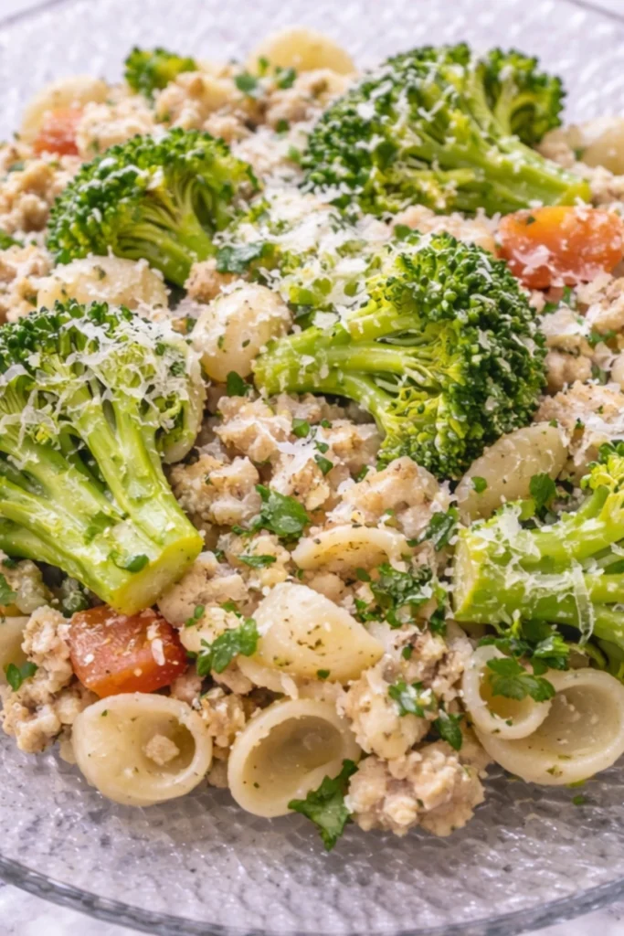 Close-up of One-Pot Ground Turkey and Broccoli Pasta with Parmesan