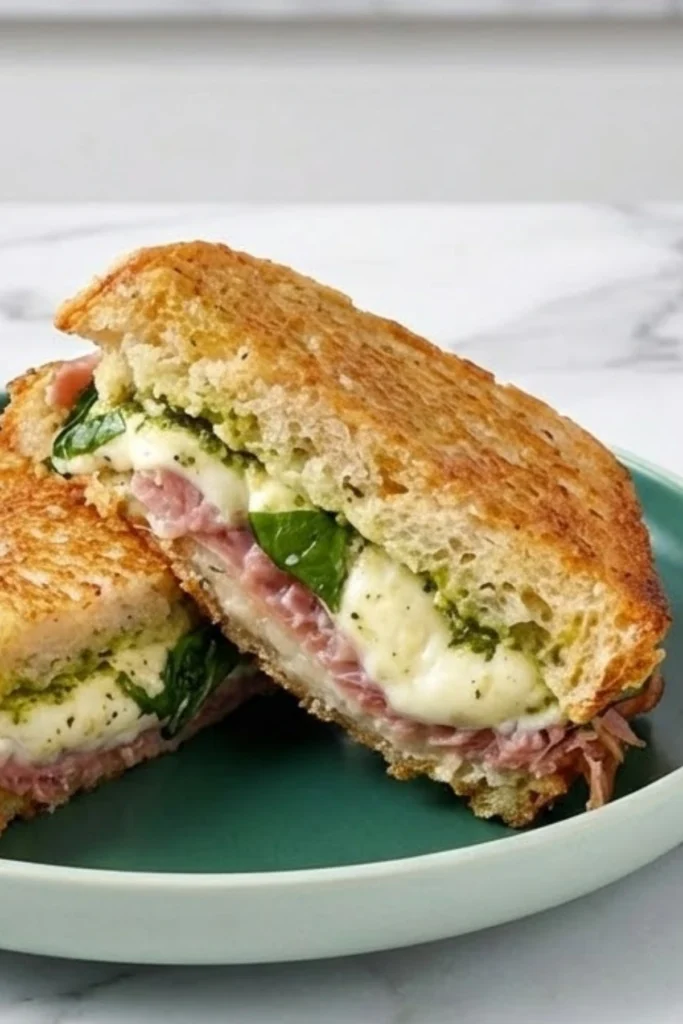 Grilled sourdough sandwich with prosciutto, melted mozzarella, basil, and pesto cut in half on a green plate
