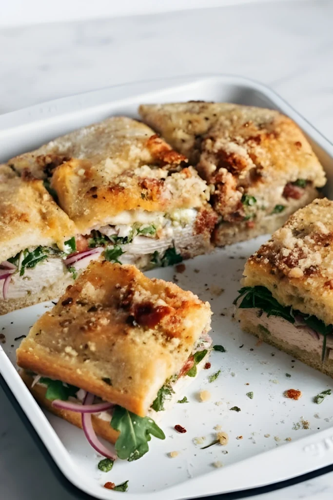 Focaccia turkey sandwich cut into squares with pesto mayo turkey red onion and greens on toasted sun dried tomato focaccia
