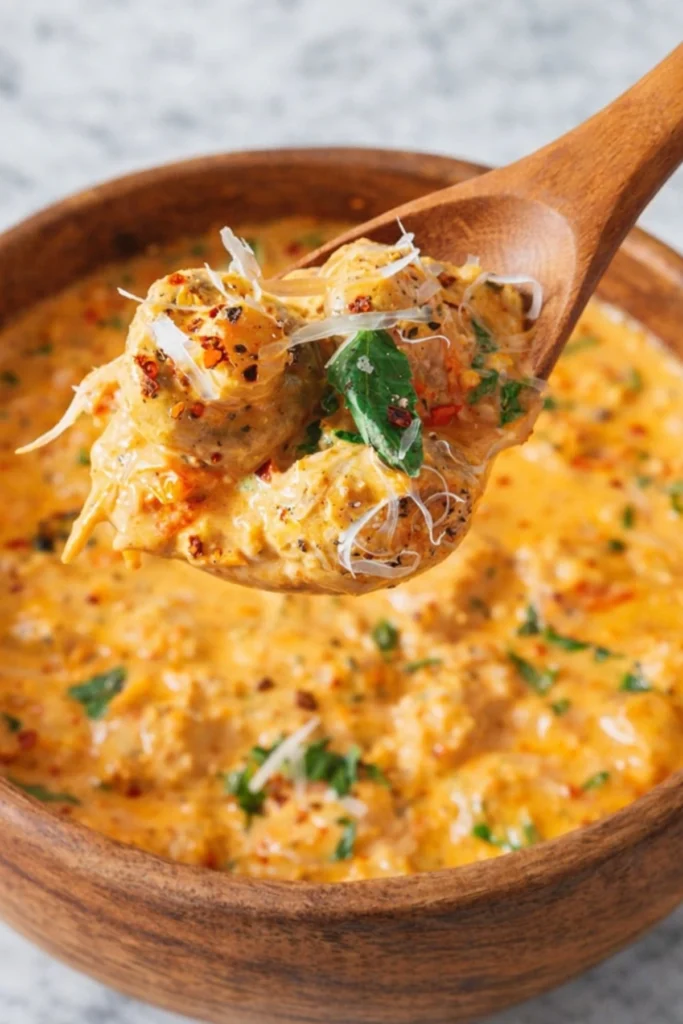 Spoonful of creamy Tuscan Marry Me Mushrooms coated in garlic parmesan sauce with basil and red pepper flakes