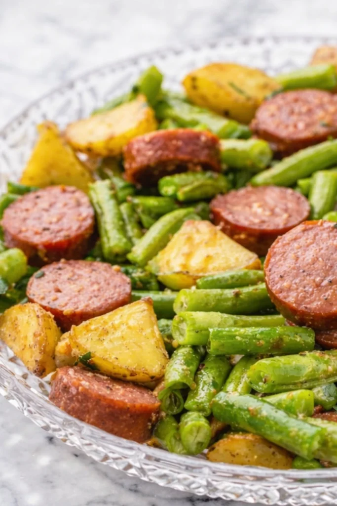 Close-up of roasted smoked sausage slices with seasoned potatoes and green beans