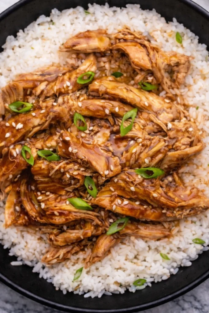 Crockpot teriyaki chicken shredded and served over white rice with sesame seeds and green onions