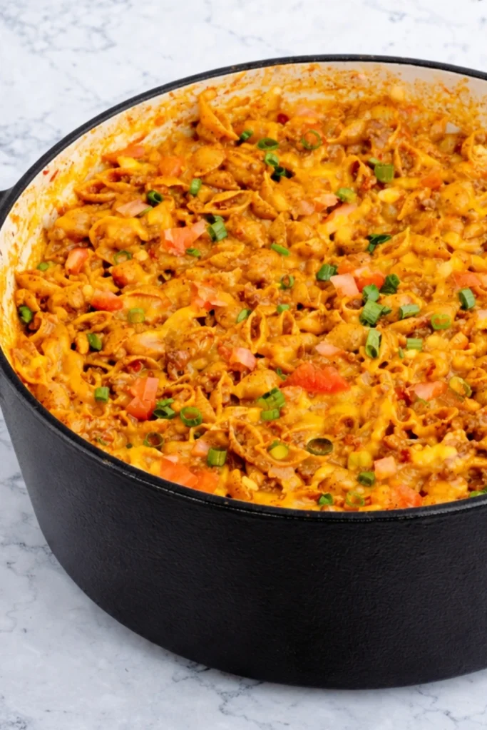 Taco macaroni and cheese in a black Dutch oven with pasta shells, ground beef, melted cheddar, tomatoes, and green onions