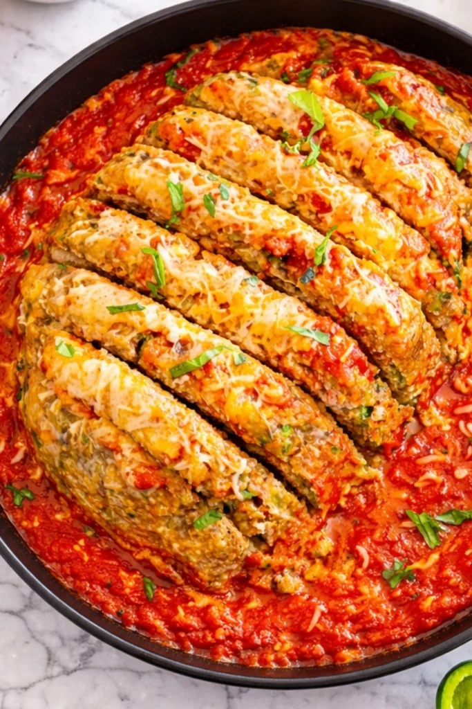 Sliced Italian meatloaf baked in marinara sauce with melted cheese and basil