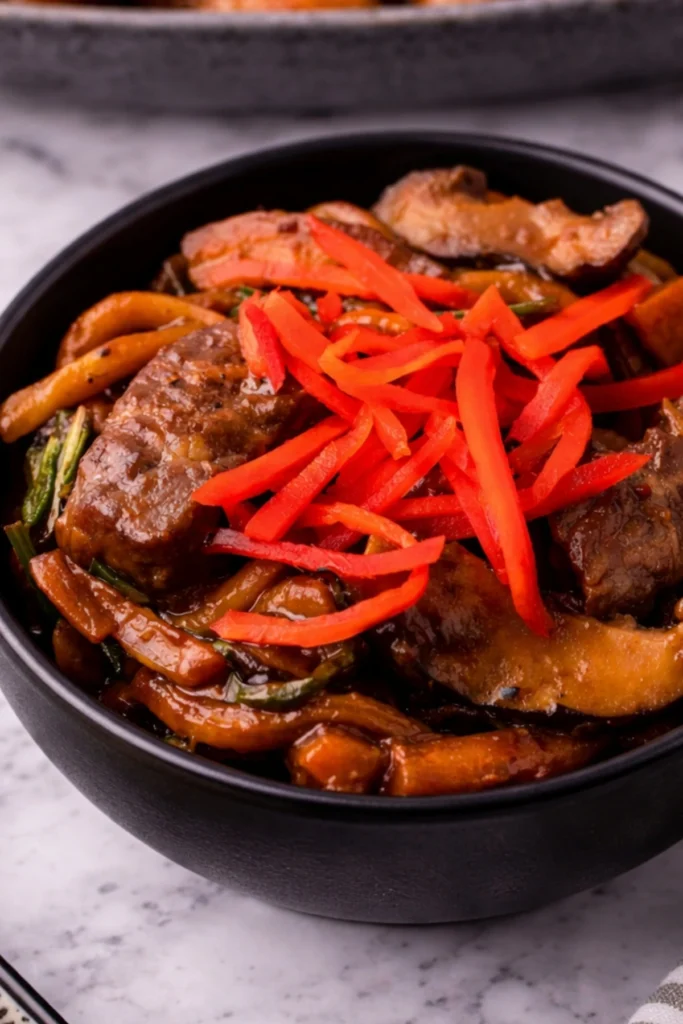 Close-up of beef yaki udon with thick noodles, shiitake mushrooms, bok choy, and red pickled ginger in a black bowl