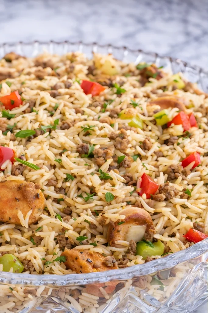 Dirty rice with sausage in a glass bowl featuring long grain rice, ground beef, bell peppers, celery, and golden-brown sausage slices