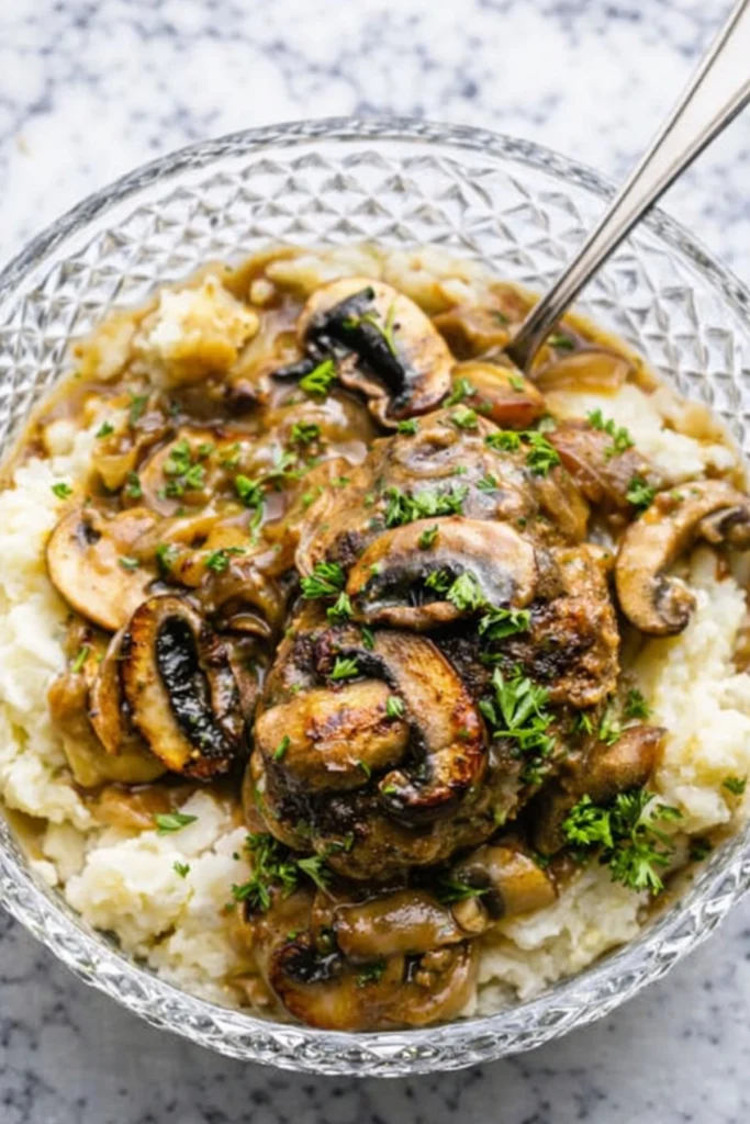 Old Fashioned Salisbury Steak with mushroom gravy served over mashed potatoes in a glass bowl