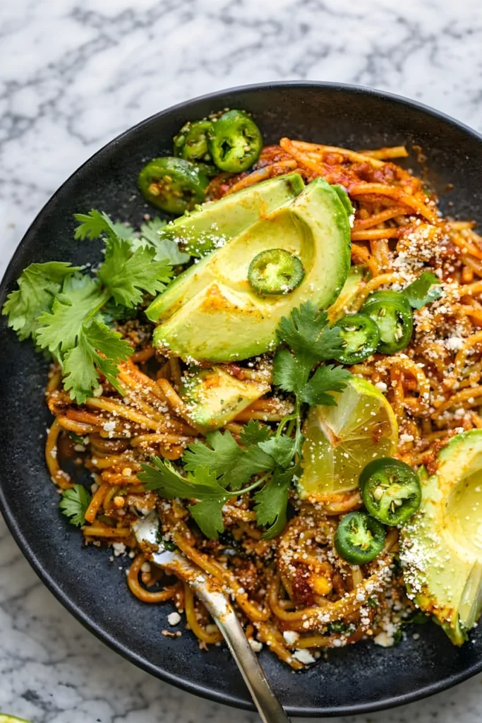 Mexican spaghetti topped with avocado slices, jalapeños, lime, cotija cheese, and cilantro in a black bowl