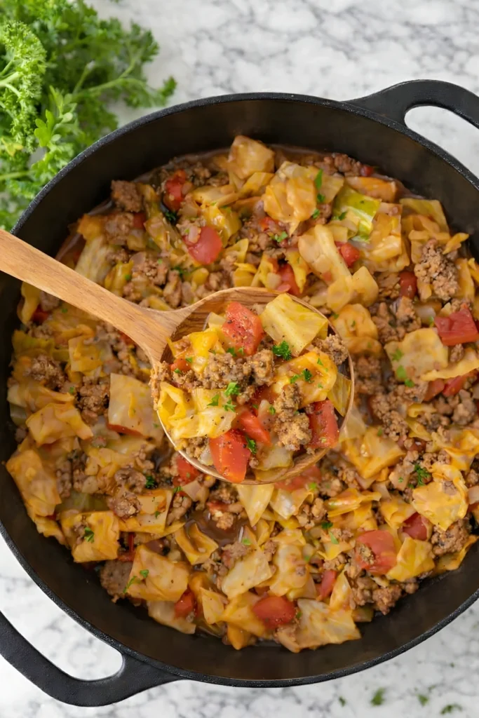 Unstuffed cabbage rolls in a black Dutch oven with ground beef tomatoes and chopped cabbage