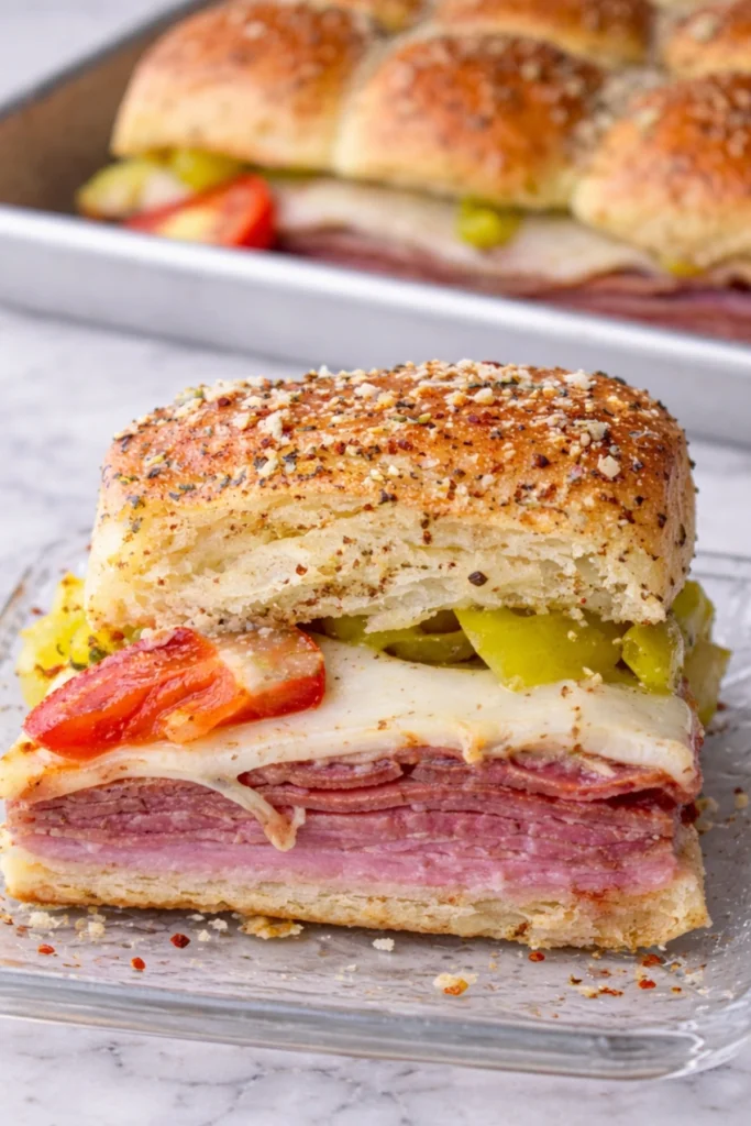 Hot Italian sub slider with stacked deli meats, melted provolone, peppers, and toasted garlic butter roll in front of a full tray of sliders