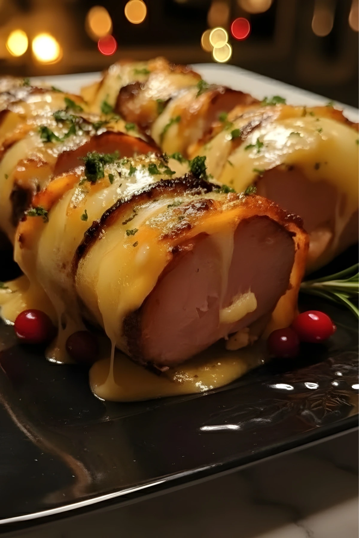 Cheesy Christmas Ham Roll-Ups with Melted Cheese and Holiday Garnish