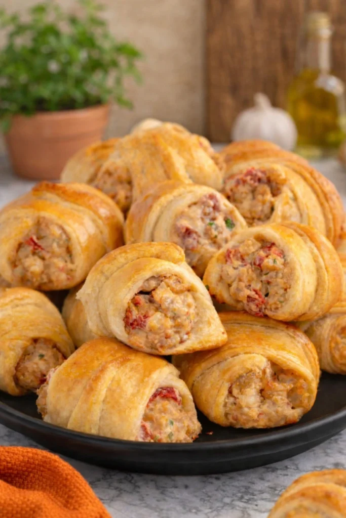 Plate of sausage cream cheese crescent rolls baked golden and filled with creamy sausage and tomato filling