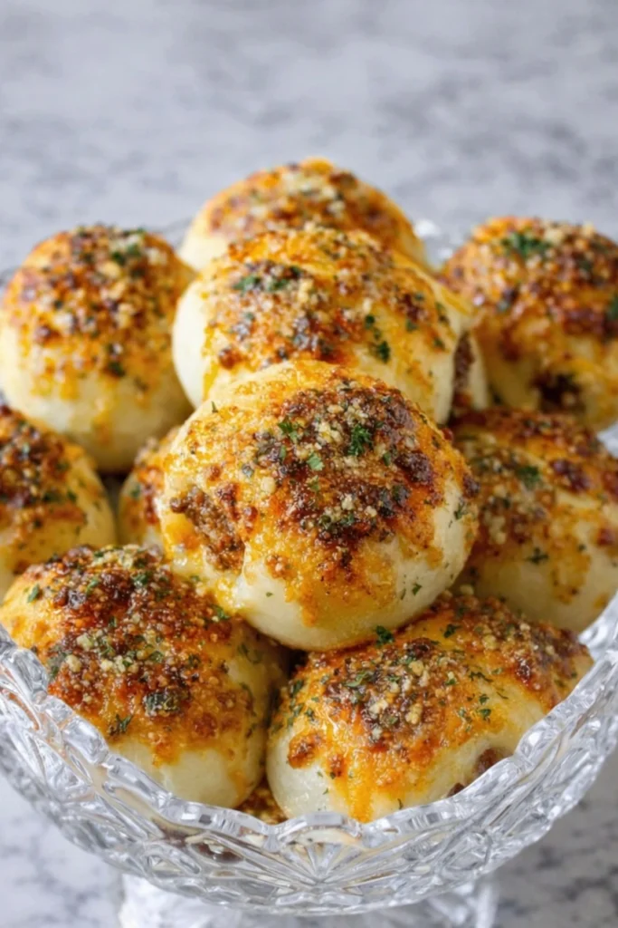 Golden garlic parmesan cheeseburger bombs stacked in a crystal bowl, topped with melted cheese, herbs, and crispy garlic butter crumbs