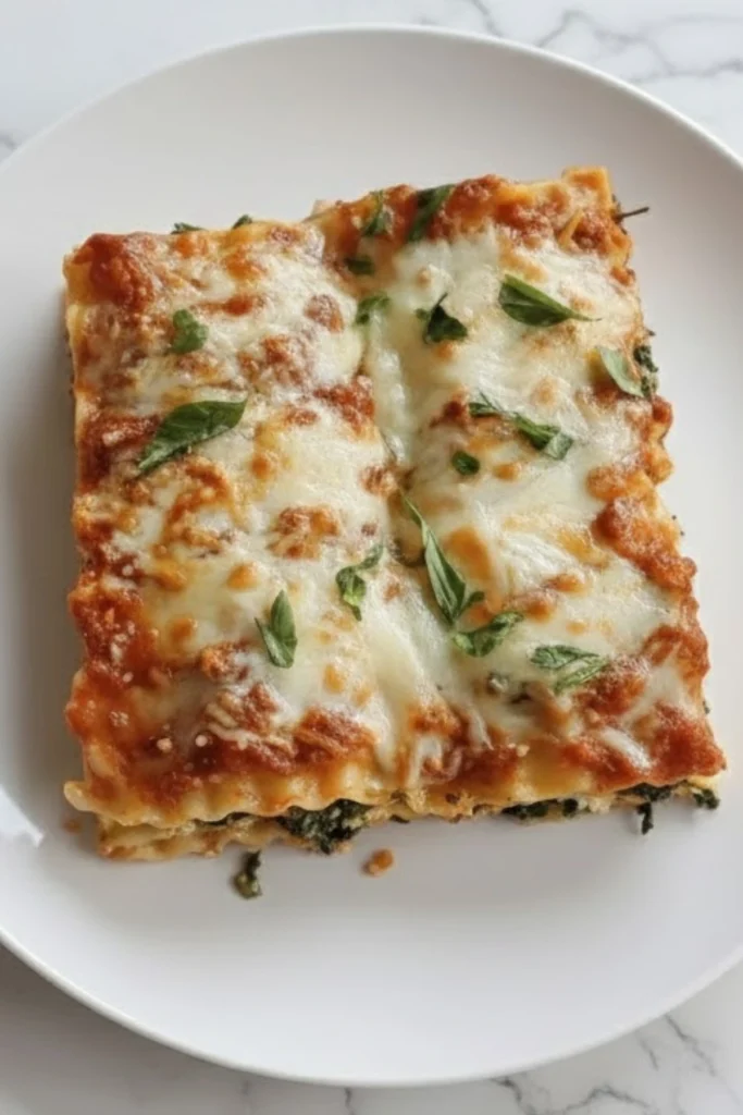 Cheesy Spinach Lasagna Rolls topped with golden melted mozzarella and fresh basil, served on a white plate over marble background.