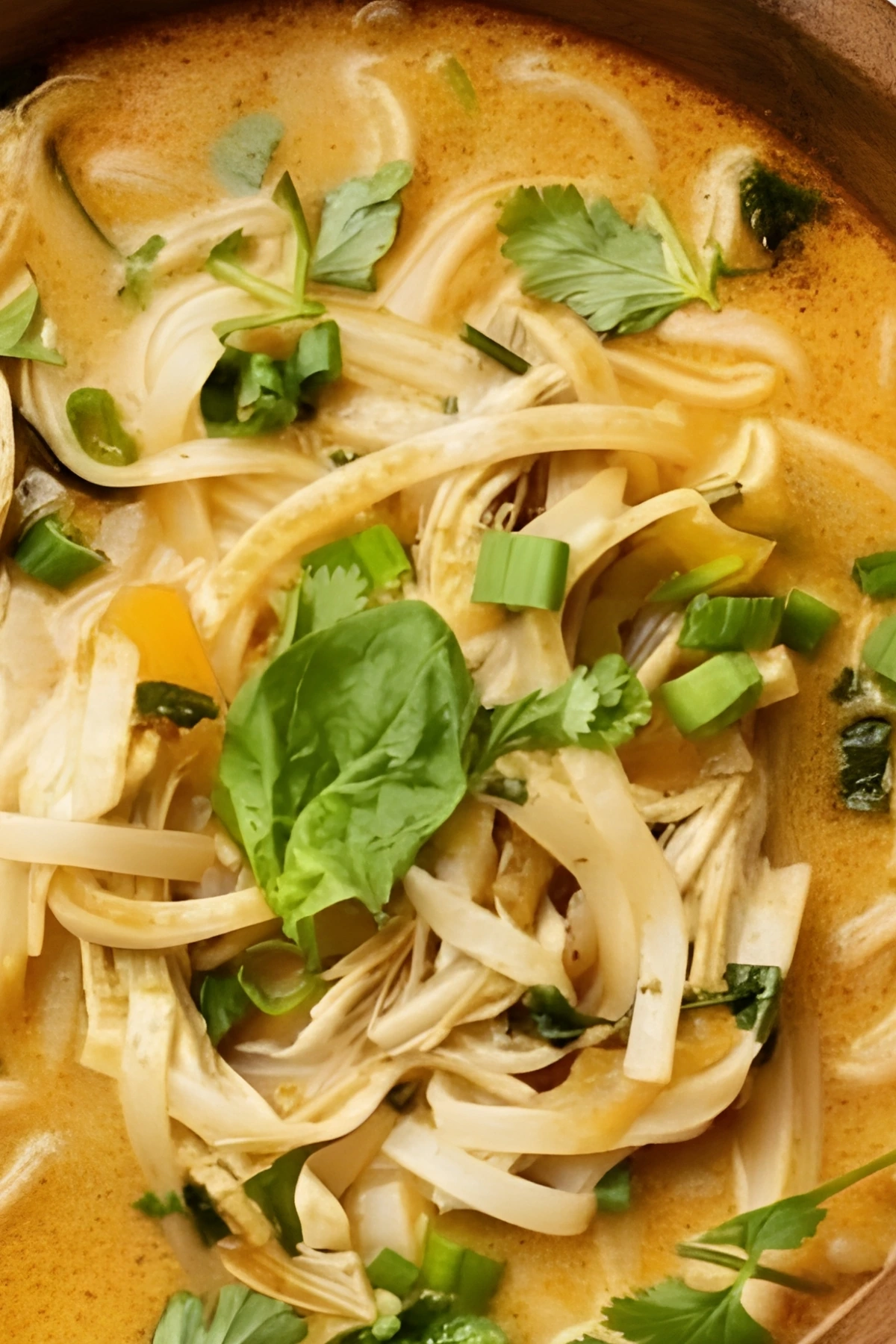 Close-up of Thai Chicken Curry Soup with rice noodles, shredded chicken, cilantro, and green onions