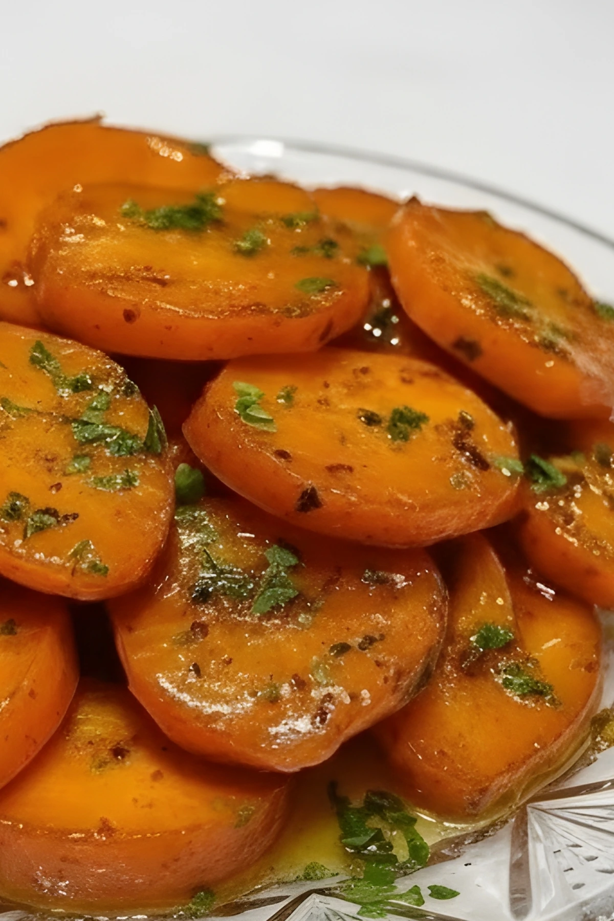 Honey glazed carrot coins topped with fresh parsley and coated in a glossy butter honey glaze, served warm on a clear glass plate.