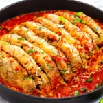 Italian meatloaf baked in marinara sauce with melted cheese and fresh basil