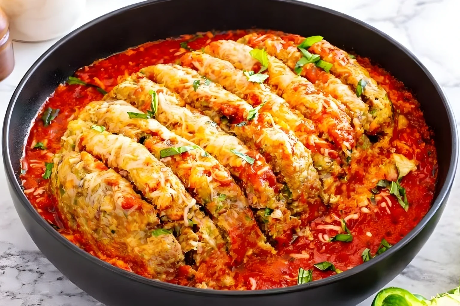 Italian meatloaf baked in marinara sauce with melted cheese and fresh basil