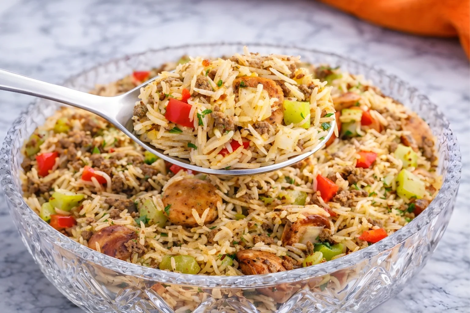 Dirty rice with sausage served in a glass bowl with fluffy long grain rice, browned sausage slices, ground beef, bell peppers, and celery