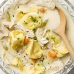 Creamy Chicken Tortellini Soup with Vegetables and Shredded Chicken