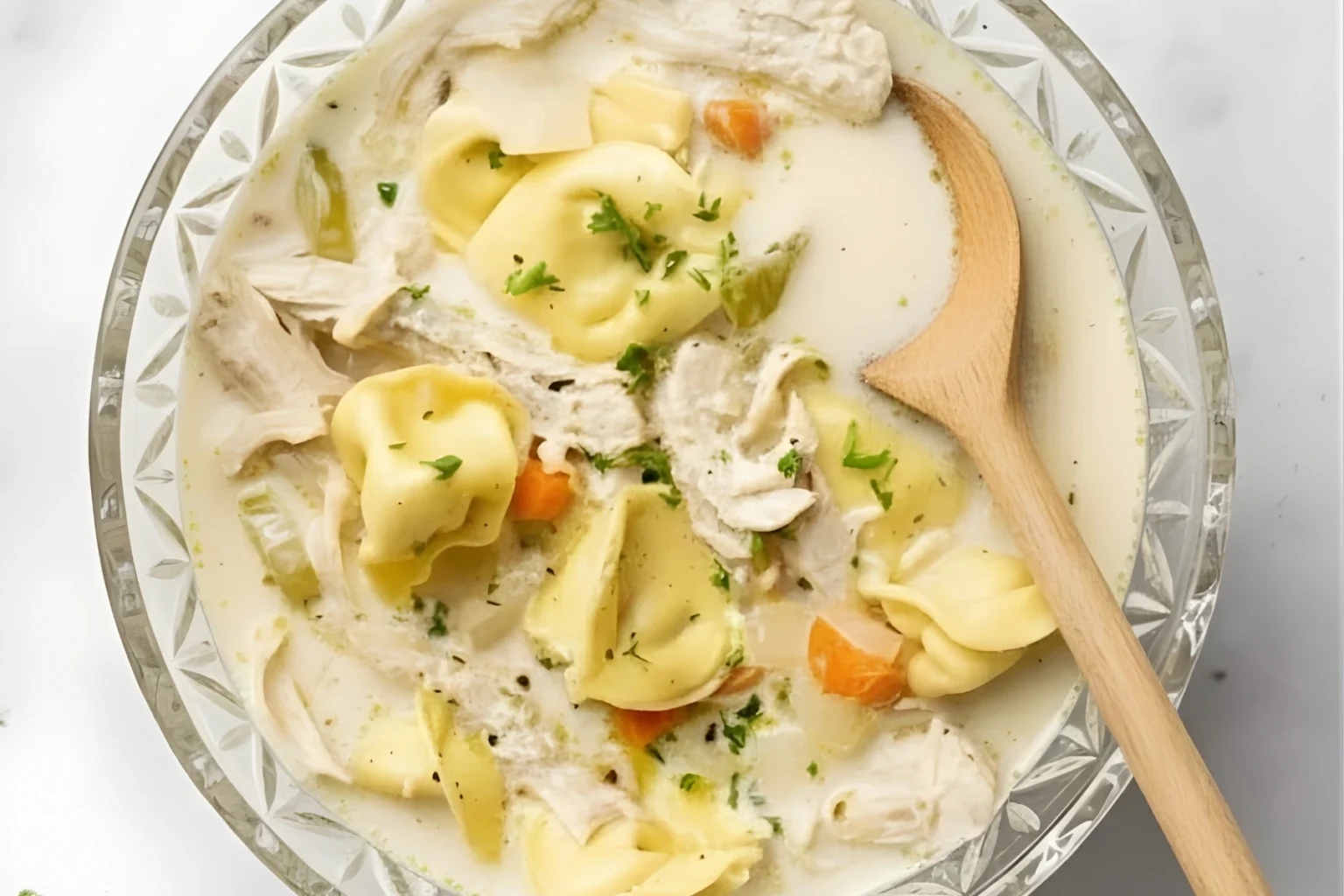 Creamy Chicken Tortellini Soup with Vegetables and Shredded Chicken
